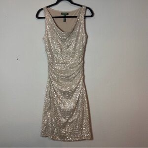 Lauren Ralph Lauren Sequin Mini Dress Size 10 Cowlneck Silver Sleeveless